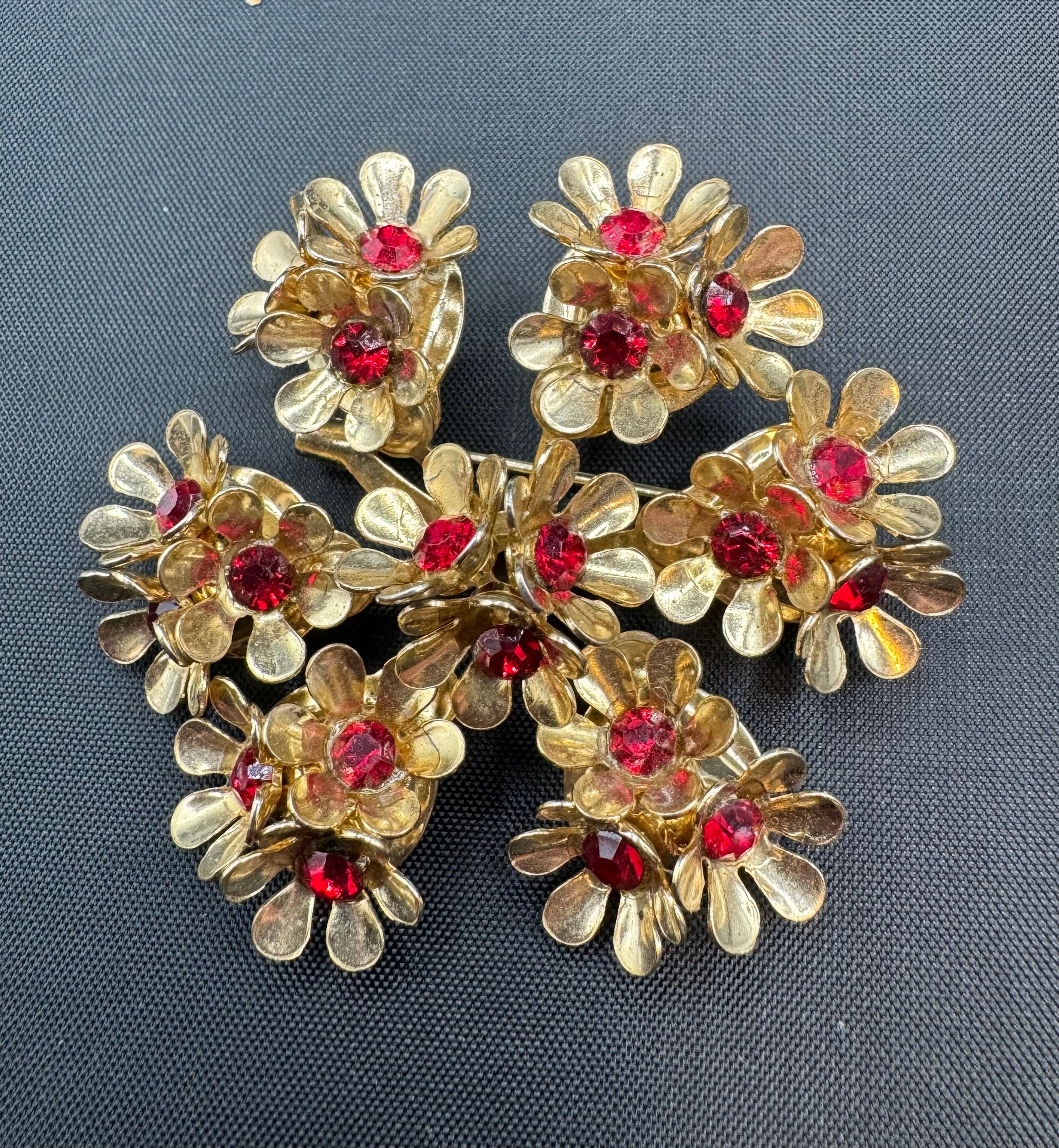 Vintage Signed Coro Gold Tone With Red Rhinestones Floral  display picture 1