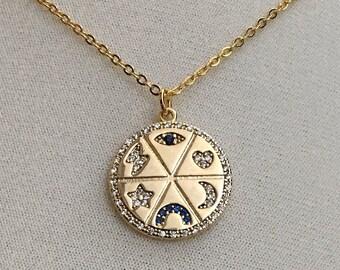 Evil Eye Necklace, All Seeing Eye, Heart, Moon, Rainbow, Star, Thunder Bolt, Protection Jewelry, Sparkly Cubic Zirconia, Good Luck Charm