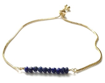 Blue Lapis Bracelet, Natural Stone Bracelet, Adjustable Gemstone Bracelet, Gemstone Bar Adjustable Box Chain Bracelet, Lapis Lazuli Bracelet