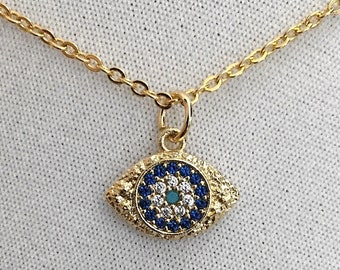 Evil Eye Necklace, All Seeing Eye, Third Eye, Eye Charm, Sparkly All Seeing Eye Pendant, CZ evil eye, Cubic Zirconia blue Sparkly Evil Eye