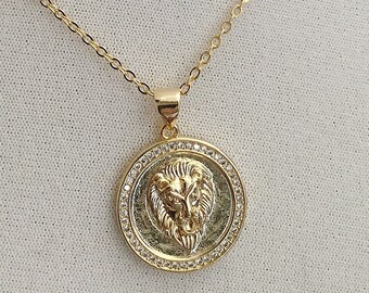 Lion Necklace, Lion Medallion, Lion Coin Necklace, Lion Charm, Charm Necklace, Gold Lion Medallion CZ Necklace, Gift for Girlfriend