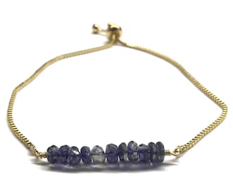 Blue Iolite Bracelet, Natural Stone Bracelet, Adjustable Gemstone Bracelet, Gemstone Bar Adjustable Box Chain Bracelet, Women's Gift Jewelry