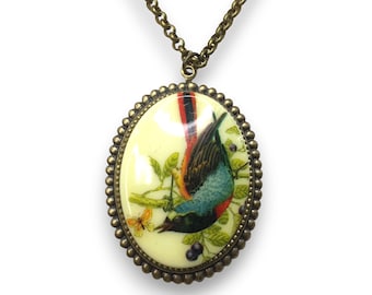 Vintage Bird Necklace, Vintage Bird Cabochon Resin Plastic Limoges Brass Setting Necklace, Vintage Cabochon Wild Life Bird Limoges Necklace