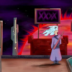May include: An illustration of a person in a purple outfit with a red sword, standing on a rooftop. The background features a cityscape with a red sun, a sign with purple Xs, and a starry sky.