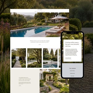 Könnte beinhalten: Eine Wix-Website-Vorlage für Innenarchitekten, dargestellt auf einem Desktop-Bildschirm und einem Mobiltelefon. Das Layout zeigt hochwertige Fotografien von Außenlandschaften, Swimmingpools und Gärten mit Texten wie The Arden.