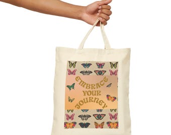Borsa tote in tela di cotone con farfalle: citazione motivazionale, ecologica.