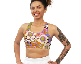 Retro 70s Floral Print Sports Bra: Groovy Workout Top
