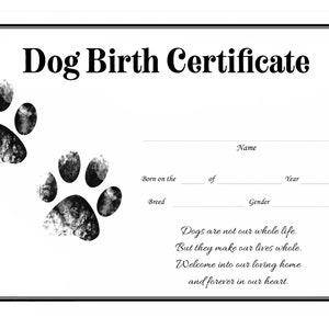 Hond Geboorteakte voor Meisje of Jongen Puppy Gender Neutral Printable Template Fokker Instant Download Resource