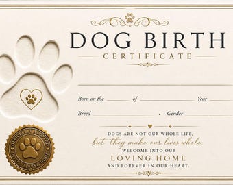 Simple Dog Canine Birth Certificate Instant Download Printable Template - Gold Frame Breeder Resource