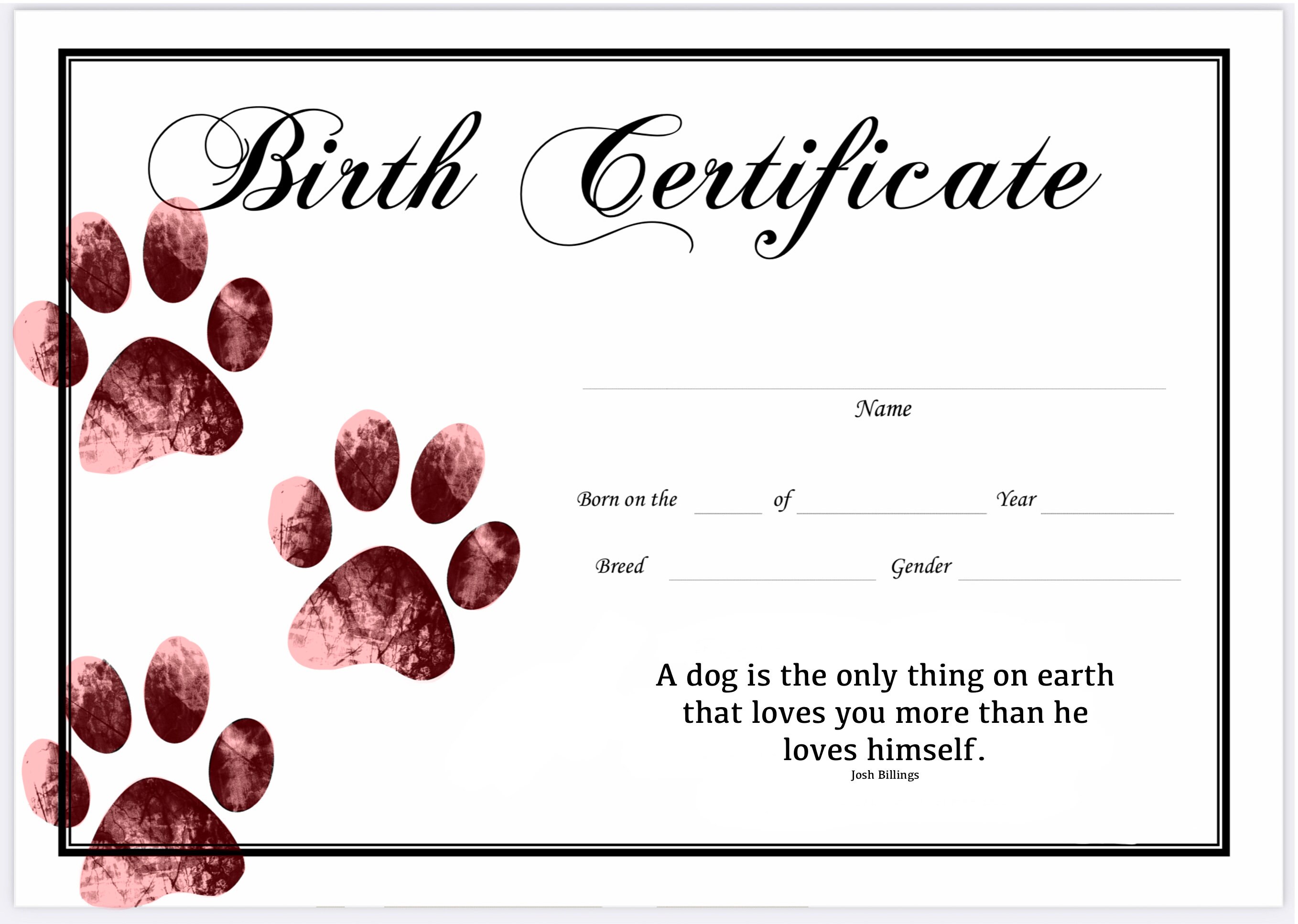Printable Blank Puppy Birth Certificate