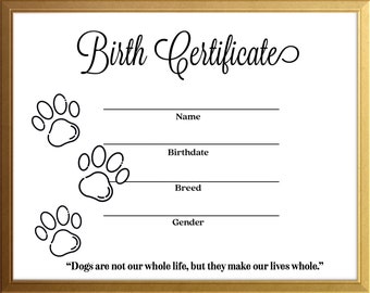 Simple Dog Canine Birth Certificate Instant Download Printable Template - Gold Frame Breeder Resource