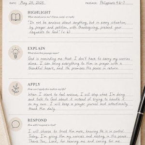 May include: A white Bible study journal page with black text titled HEAR. It includes sections for Date, Passage, Highlight, Explain, Apply, Respond, and Additional Notes. The page is filled with handwritten entries and includes small icons.