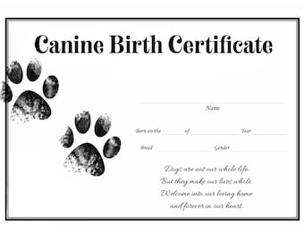 Canine Birth Certificate for Girl or Boy Puppy Gender Neutral Printable Template Breeder Instant Download Resource
