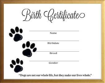 Simple Dog Canine Birth Certificate Instant Download Printable Template - Gold Frame Breeder Resource