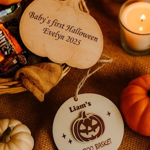 Personalized Wooden Pumpkin Tag, Baby&#39;s First Halloween Keepsake