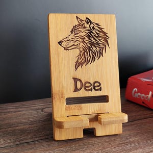 Custom Wooden Phone Stand with Name – Engraved Wolf, Cat, or Your Design | Personalized Desk Holder Gift for Him, Her, Office, Coworker