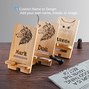 Personalized Phone Stand with Wolf – Custom Gift for Him, Teen Boy, Husband, Son | Wooden Desk Holder with Name Engraving
