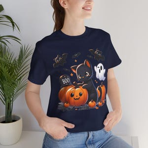 Halloween Cat T-Shirt – Ghosts, Pumpkins, and Bats Design | Bella+Canvas 3001