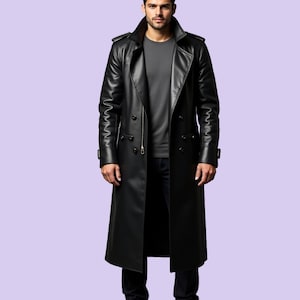 Real Sheep Leather Black Coat, Genuine Leather Handmade Trench Coat, Stylish Latest Design Long Cost, Gift For Him