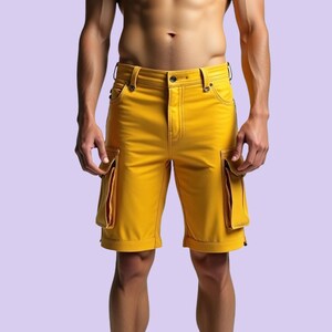 Real Sheep Leather Biker Short, Genuine Leather Men Cargo Short, Handmade Yellow Stylish Short, Mens Clothing, Men Casual Wear, Gift For Him