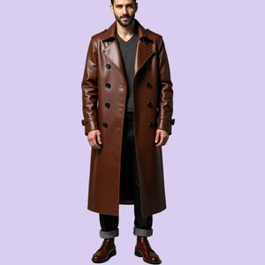 Handmade Brown Leather Trench Coat, Casual Wear Men Long Coat, Mens Stylish Lon All season Coat, Leather Custom Coat, Gift For Him