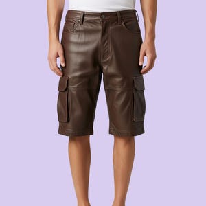 Handmade Real Cow Leather Men Cargo Short, Genuine Leather Men Biker Short, Brown Classic Leather Casual Outfit, Street wear Gift For Him