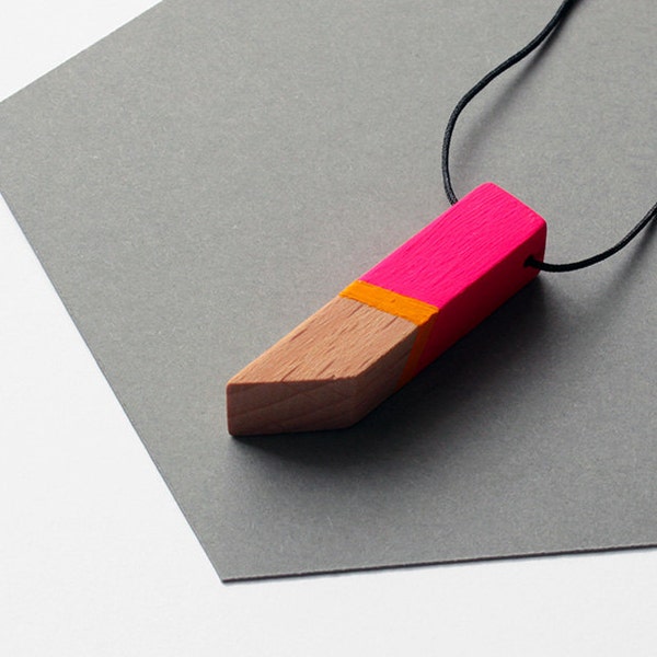 Geometric wooden necklace - hot pink, sunny yellow, natural wood - minimalist, modern jewelry - color blocking
