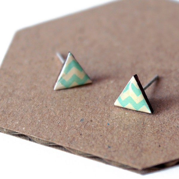 Triangle stud earrings - white, aqua blue - minimalist, modern geometric jewelry with glossy resin / chevron motif