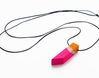 Geometric wooden necklace - neon pink, yellow, natural wood, gold - minimalist, modern jewelry - color block