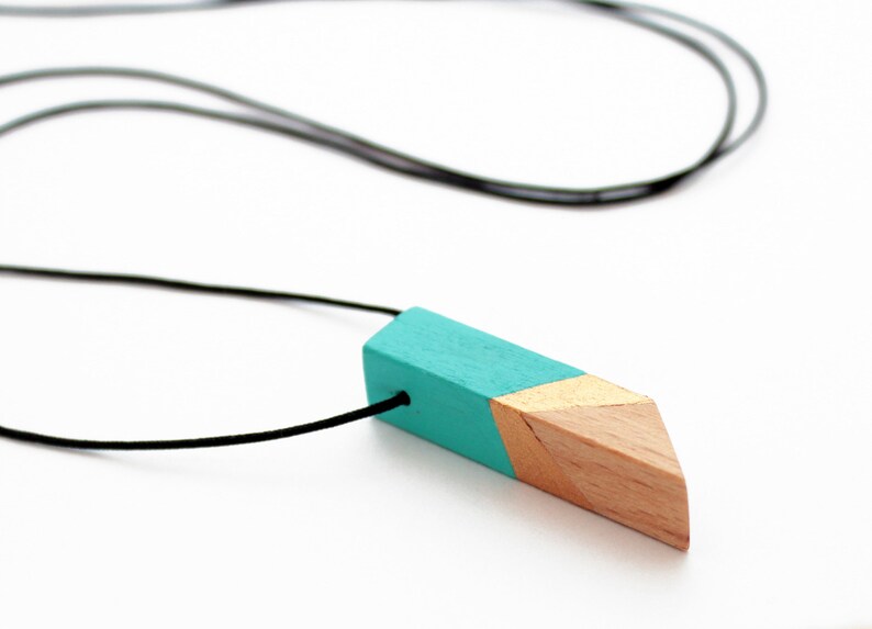 Geometric Wooden Block Necklace Mint Gold Natural Wood Etsy