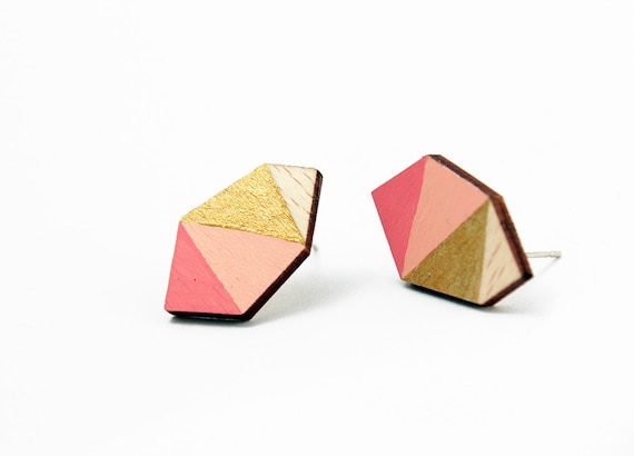 Geometric Diamond Wood Stud Earrings