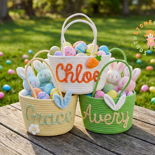 Custom Name Easter Basket - Personalized Easter Basket, Kids Easter Gifts, Bunny Gift, toddler easter, Handwoven Cotton Rope