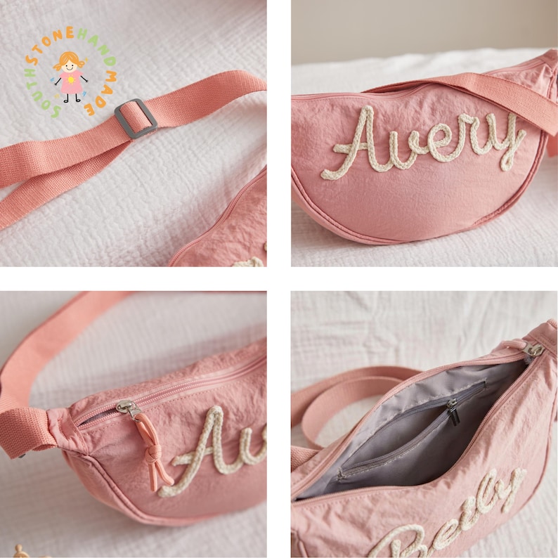 May include: A dusty pink fanny pack featuring the name Avery in white cursive rope lettering on the front. The bag includes an adjustable matching pink strap with a grey buckle, a top zipper closure with a pull tab, and a grey lined interior pocket.