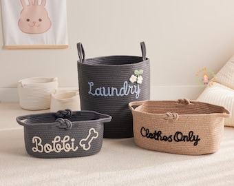 Cesta de almacenamiento personalizada, cesta de juguetes para mascotas personalizada, decoración del hogar, almacenamiento con cuerda de algodón, decoración para el cuarto de lavado, regalos para bebés, organizador del hogar