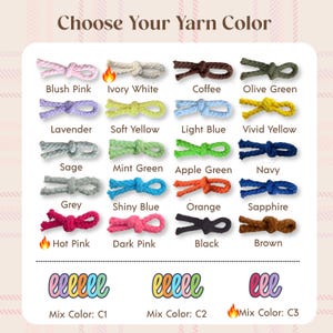 May include: A color chart titled Choose Your Yarn Color displaying twenty individual knotted yarn samples in various shades including blush pink, ivory white, coffee, olive green, lavender, yellow, blue, navy, sage, mint, apple green, grey, orange, and brown.