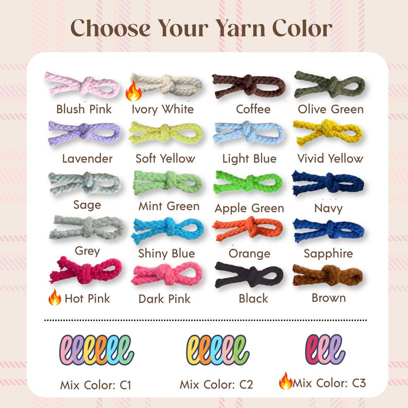 May include: A color chart titled Choose Your Yarn Color displaying twenty individual knotted yarn samples in various shades including blush pink, ivory white, coffee, olive green, lavender, yellow, blue, navy, sage, mint, apple green, grey, orange, and brown.