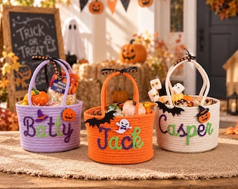 Custom Halloween Treat Basket with Name – Trick or Treat Basket, Personalized Candy Tote, Halloween Basket for Boys & Girls, Halloween Gift