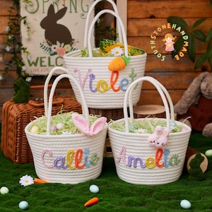 Custom Easter Basket with Name - Personalized Easter Basket, Kids Easter Gifts, Bunny Gift, Handwoven Cotton Rope