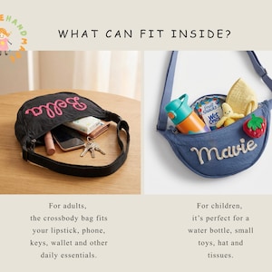 May include: Two crescent-shaped crossbody bags. The black bag features the embroidered name Bella and contains a lipstick, phone, keys, and wallet. The blue bag features the embroidered name Mavie and contains a water bottle, snacks, and toys.