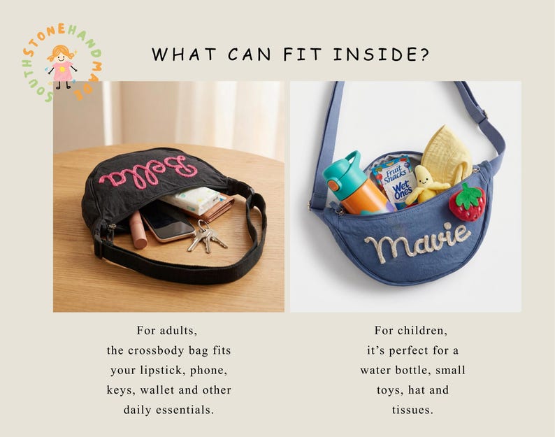 May include: Two crescent-shaped crossbody bags. The black bag features the embroidered name Bella and contains a lipstick, phone, keys, and wallet. The blue bag features the embroidered name Mavie and contains a water bottle, snacks, and toys.