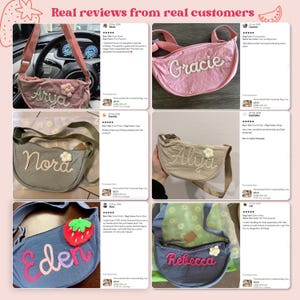 May include: A collection of six personalized crossbody bags for children, each featuring a unique name in embroidered lettering and a small decorative flower or strawberry applique, displayed alongside customer reviews and star ratings.
