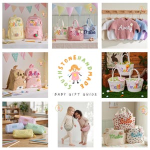 May include: A collection of personalized children's items including backpacks, tote bags, sweaters, and pencil cases. Each item features embroidered names like Olivia, Amelia, Alice, Chloe, Miles, Avery, Violet, Callie, and Mateo, with decorative accents.