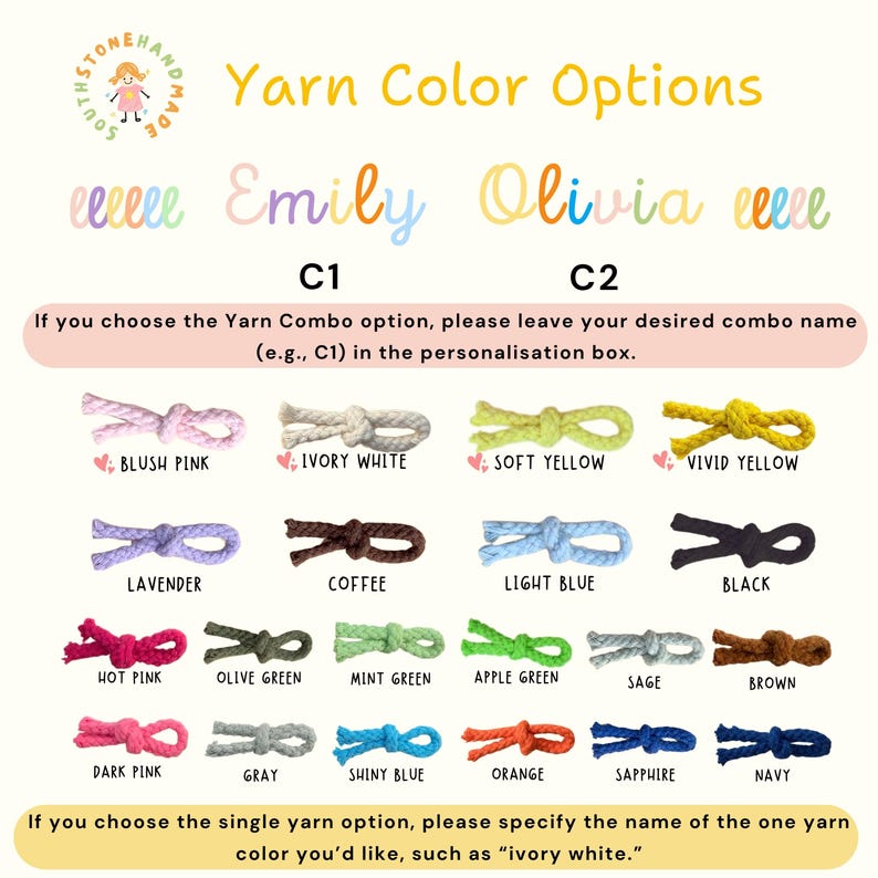 May include: Image showcasing yarn color options with names like "Emily" and "Olivia." Various yarn colors are displayed, including blush pink, ivory white, soft yellow, and more. Text prompts for combo and single yarn options are also included.