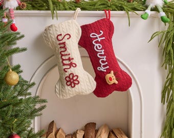 Personalized Dog Christmas Stocking, Custom Name Pet Stocking, Bone Shaped Knitted Stocking, Christmas Gift for Dogs, Dog Lover Gift