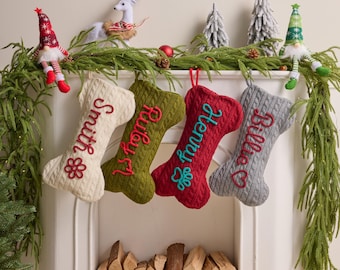 Personalized Dog Christmas Stocking, Custom Name Pet Stocking, Bone Shaped Knitted Stocking, Christmas Gift for Dogs, Dog Lover Gift