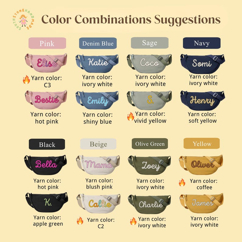 May include: A grid of sixteen belt bags in various colors including pink, denim blue, sage, navy, black, beige, olive green, and yellow. Each bag features embroidered names or initials with specified yarn colors listed below each item.