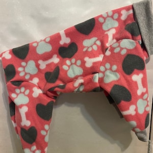 Pink Fleece Dog Pjs with hearts, paws  & Bones Size 13”- 14”  (10101)