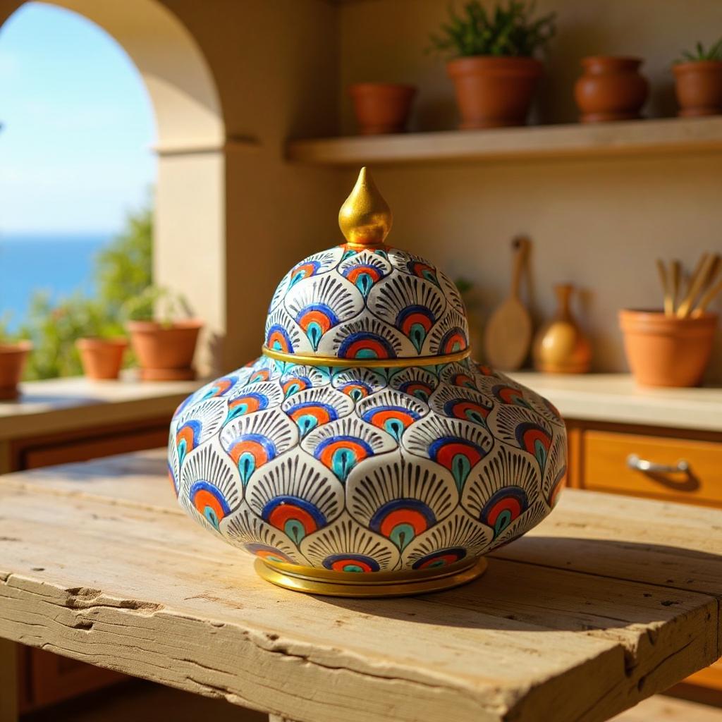 陶器の花瓶 蓋付き孔雀デザイン 手描きの孔雀の羽根模様の陶器の花瓶、蓋付き装飾陶器瓶、ホーム