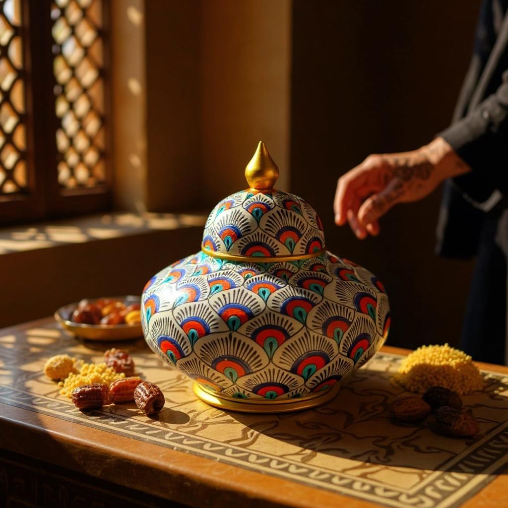 陶器の花瓶 蓋付き孔雀デザイン 手描きの孔雀の羽根模様の陶器の花瓶、蓋付き装飾陶器瓶、ホーム