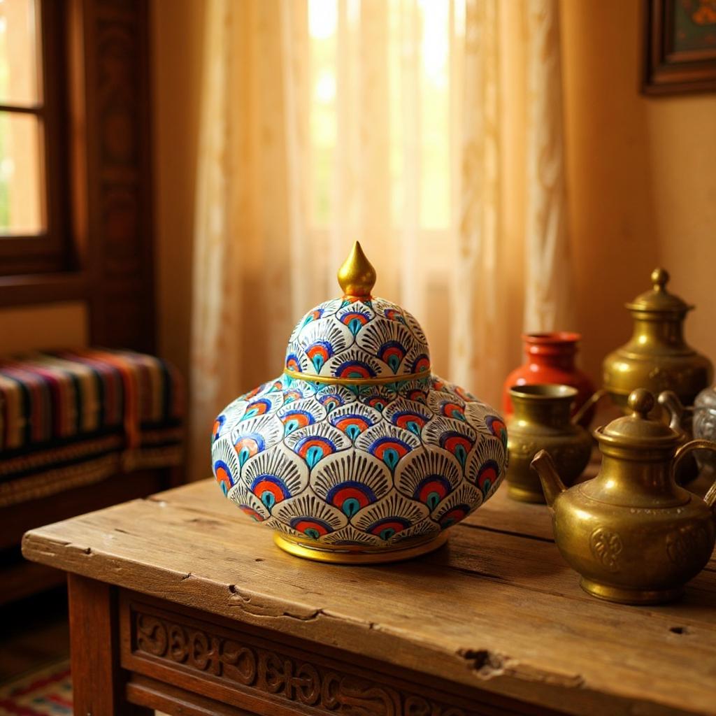 手描きの孔雀の羽根模様の陶器の花瓶、蓋付き装飾陶器瓶、ホーム